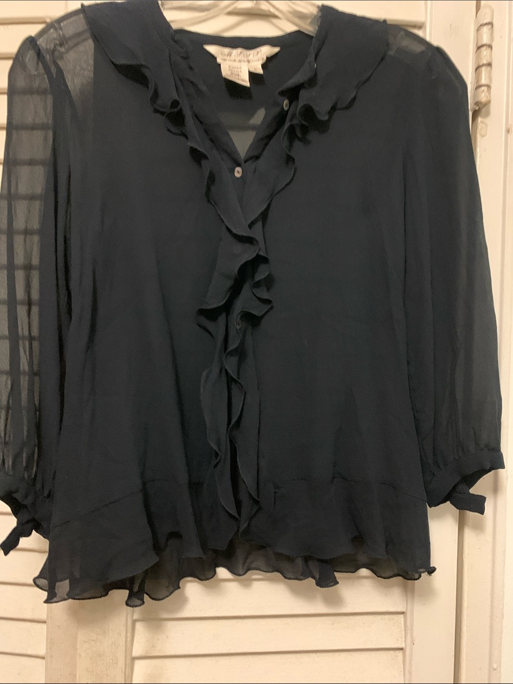 Max Studio Black Sheer Silk Ruffle Blouse